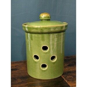 Vintage Sur La Table Garlic Aglio Canister Holder 6" Ceramic Pottery Italy Green